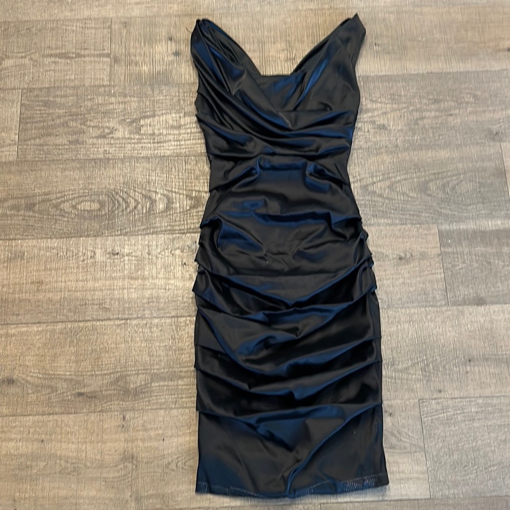 Black ruched dress mid length
